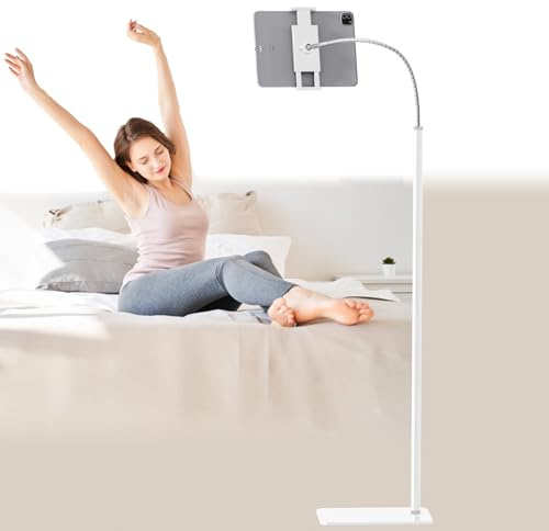 cretopwin Tablet Floor Stand Holder with Flexible Gooseneck and Stable Base, Compatible with Tablet and Cell Phones (3.5''-9.7''), White
