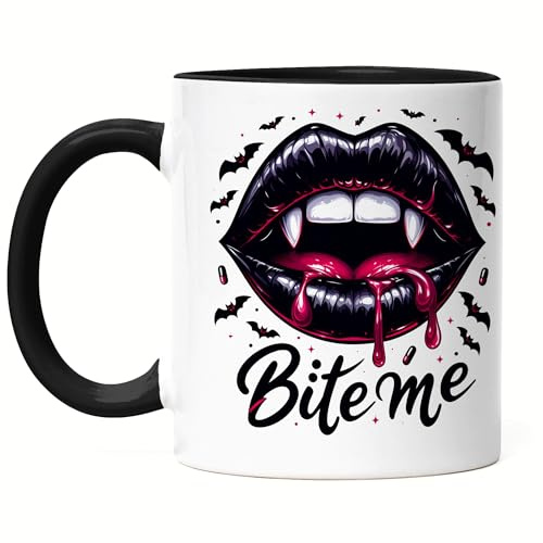 Hey!Print Bite Me Tasse Schwarz Vampir Lippen Halloween Motiv Gothic Style Sexy Spooky Geschenkidee Deko