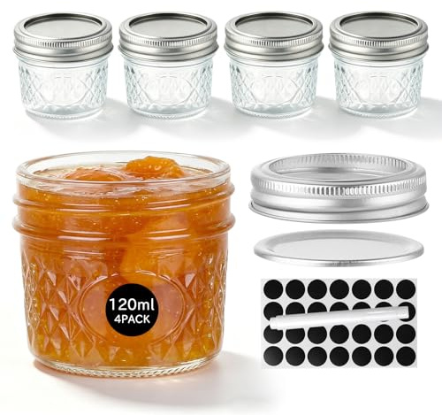 OAMCEG 4 Pack 120ml Jam Jars with Lids - Small Mason Jars for Pickling | Mason Jars with Silver Metal Airtight Lids Includes Round Sticker Labels and Marker Pen for Jam, Honey, Food Storage
