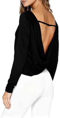 Open Back Long Sleeve Workout Tops for Women Criss Cross Backless Athletic Gym Running Yoga Sports T Shirts Trendy Activewear