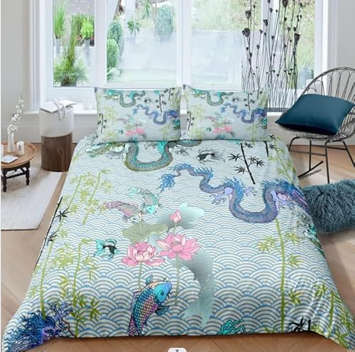 QBIDCSX Bettwäsche 135x200 Asiatischer Drache Kinderbettwäsche Bettwäsche-Sets für Kinder Mädchen, Weiche Mikrofaser Bettbezüge 135x200 cm mit Reißverschluss + 2 Kissenbezug 80x80 cm