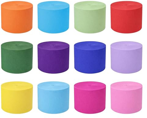 HJZHII 12 Farben Krepppapier 4.5CMx25M Bunt Kreppbänder Dekorative Streifen | Kreppband Crepepapier Kräuselpapier Papier Streamer Bastelkrepp Floristenkrepp Bunt Flatterband Papier für Partys Dekoration