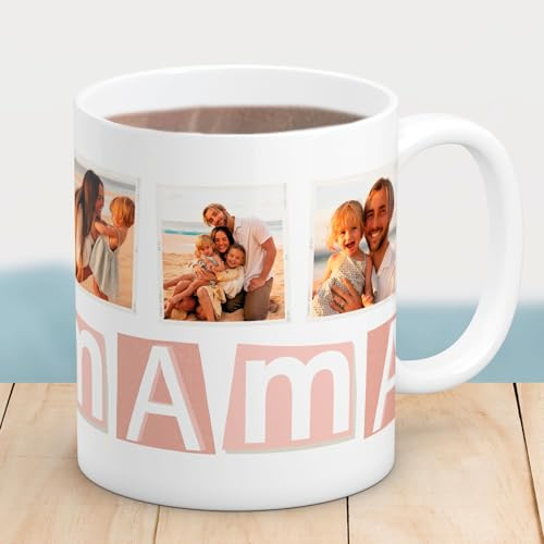 Cristal Plaque - Taza Personalizada Mamá con 3 Fotos Rosas | Taza con Fotos y Mensaje | Regalo Original para Mamá | Ideal para Cumpleaños, Día de la Madre y Navidad