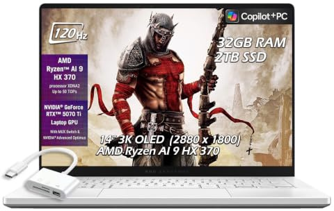 ASUS ROG Zephyrus G14 14 3K OLED 120Hz Gaming Laptop Copilot+ PC AMD Ryzen AI 9 HX 370 NVIDIA RTX 5070 Ti 12GB 32GB LPDDR5X RAM 2TB SSD WiFi7 Win11 Platinum White w/2TB USB Drive, W/GaLiMu