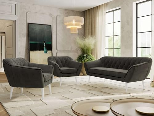 MKS MEBLE Sofagarnitur PIRS 3 + 1 + 1 - Couchgarnitur im skandinavischen Design, Gesteppte Polsterung, Wellenfederung, Wohnzimmer Sofa Set - Weiße Beine, Dunkelgrau Velvet