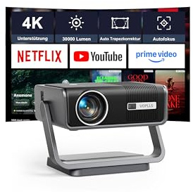 Smart Beamer 4K【Netflix-Fähig & Dolby Audio】35000 Lumen Auto Fokus/6D Trapezkorrektur Beamer Full HD 1080P, VOPLLS WiFi6 Bluetooth 4K Video Handy Projektor Heimkino/Outdoor für PS5 【Upgrade Version 】