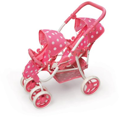 Badger Basket Polka Dot Reversible Double Doll Stroller for 16-Inch Dolls - Pink/Polka Dots with Removable Seats