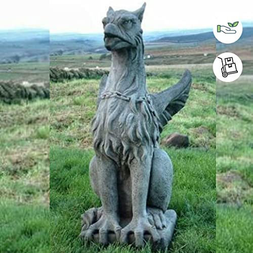 DGS STATUES – Stone Cast, Grotesque, Sitting Proudly Winged Griffin Gargoyle, Very Large, Hand Finished, Statue, Sculpture