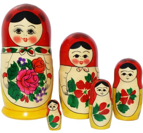 Matroschka Puppen russische Babuschka Matruschka Matrjoschka Original Klassisch 5 Steckpuppen 16cm aus Holz rotes Kopftuch