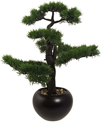 Künstlicher Zeder Bonsai ca. 60cm hoch im wertigen Keramiktopf mit feinen Kieselsteinen