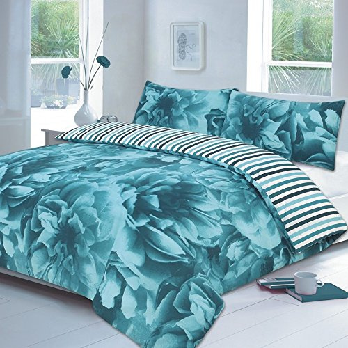 Excellent Hotel Quality Super King Size Floral Rose Teal Duvet Cover Set Bedding Set with pillowcases - Super King Size