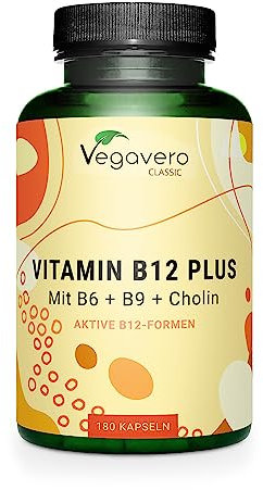 Vitamina B12 PLUS Vegavero® | Calidad: Las 2 Formas Activas + Ácido Fólico + B6 + Colina | Vegana & Sin Aditivos | Energía + Sistema Nervioso + Cansancio & Fatiga* | 180 Cápsulas