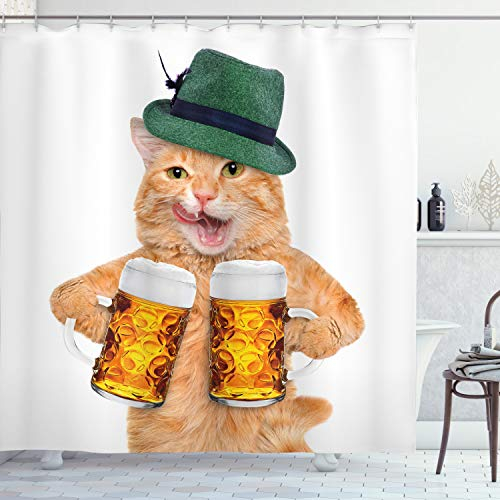 ABAKUHAUS Katze Duschvorhang, Kühle Katzen-Hut Bier-Becher Lustige, Stoffliches Gewebe Badezimmerdekorationsset mit Haken, 175 x 220 cm, Mehrfarbig