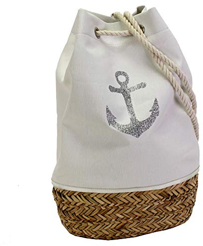 DEKOWUNDER Seesack weiß silber Strohboden Glitter ANKER Rucksack Beutel Kordel Tasche