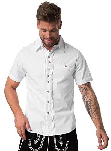 dressforfun 900601 Herren Trachtenhemd, Kurzarmhemd mit Knopfleiste, Knöpfe in Hirschhorn-Optik, weiß - Diverse Größen - (M | Nr. 302991)