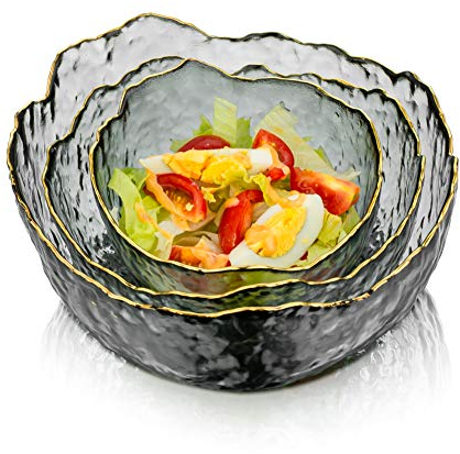 Glass Serving Bowls Set of 3 Smoky Grey Stackable Salad Bowls Deep Trifle Bowl for Soup Fruit Dessert Pasta Curry Popcorn Cereal Suit for Mixing Dining Party Catering