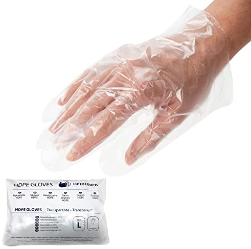 HeroTouch HDPE Einweghandschuhe 500 Stück (250 Paar) Größe L links rechts 25x27cm für den täglichen Gebrauch zu Hause in Geschäften, Friseursalons, Servicestationen, transparente Handschuhe