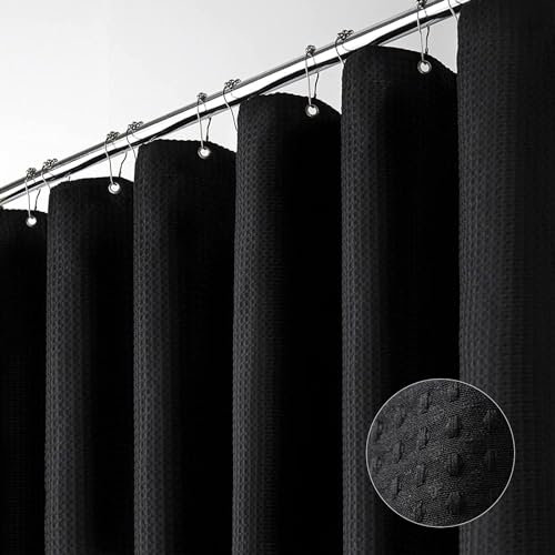 Dynamene Rideau de douche en tissu noir – Rideaux résistants texturés gaufrés pour salle de bain, hôtel, spa – Rideau de bain en polyester lesté de luxe avec 12 crochets en plastique (183 x 183 cm,
