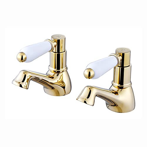 ENKI, Downton, BT0606 Hot and Cold Basin Taps with White Ceramic Levers English Gold