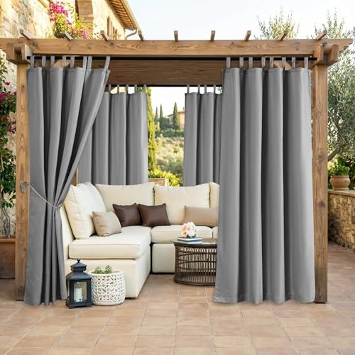 Clothink Outdoor Vorhang Wetterfest Klettverschluss, Outdoorvorhänge Wasserdicht Outdoor Gardinen Sonnenschutz Sichtschutz für Balkon Pergola Terrasse Veranda (255x275cm, 1 Stück, Grau)