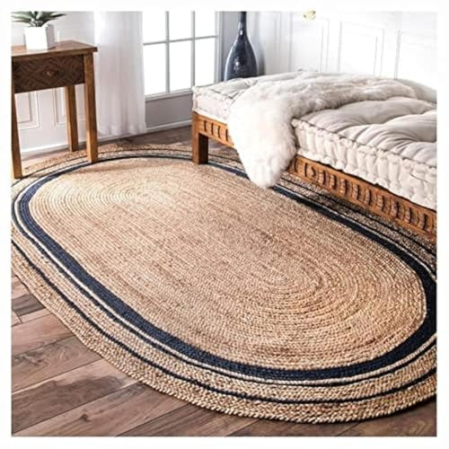 Ripaz Vogue Ovaler Jute-Teppich, natürliche Jute, handgeflochten, Beige + Schwarze Linie (150 x 210 cm, 150 x 210 cm)