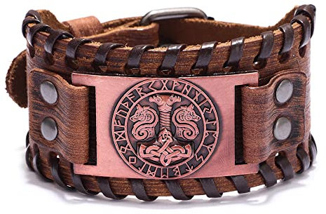 Mayting Thor's Hammer Leather Bracelet, Mjolnir Viking Nordic Runes Cuff Wide Wristband Celtic Knot Cuff Bangles Adjustable Bracelet for Men Women (C)