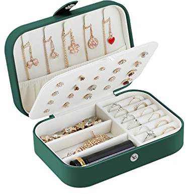 Henzin Schmuckkästchen Reise Klein PU-Leder Schmuckaufbewahrung Schmuckkoffer für Damen - Schmuckbox für Ringe, Ohrringe, Halskette - Geschenk - Schwarzgrün
