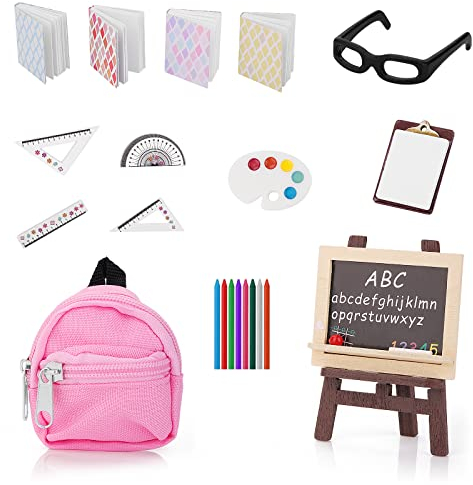 Cobee 22 PCS Miniaturpuppe Schulbedarf, 1:12 Puppenhaus Mini Schulset Puppe Miniatur Buch Rucksack Tafel Zwischenablage Lineale Kreide Spielset Puppenhaus Schulzubehör,Puppenhaus Dekoration, Polyester