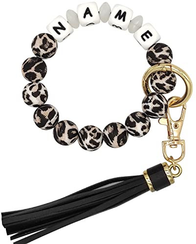 Starsprairie Portachiavi con braccialetto personalizzato Portachiavi con perline in silicone elastico Braccialetto con nappa Portachiavi per auto portatile da casa (Leopard+White)