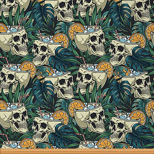 Loussiesd Totenkopf Polsterstoff für Stühle Tropisch Palm Leaves Jungle Schädel Draussen Stoff von The Yard Summer Ozean Beach Thema Dekostoff für Polster und Heimwerkerprojekte 92x150cm