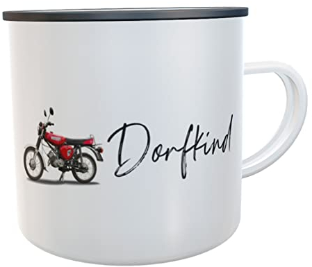 Tasse Moped Dorfkind Emaille-Becher Mofa Bike mit Spruch Emailletasse Dorfkinder Blechtasse (Moped)