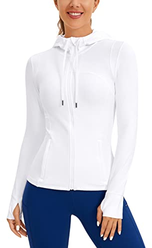 CRZ YOGA Damen Butterluxe Voll Reißverschluss Running Jacke Zip Tasche Sport Gym Hoodie Mesh Hoody Sweatjacke mit Daumenloch Weiss 42