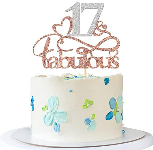 RoadSea 17 & Fabulous Cake Topper – Jungen Mädchen 17 Jahre alt Geburtstag Kuchenzubehör – Happy 17th Birthday Anniversary Party Dekorationen – Roségold & Silber Glitter (17)