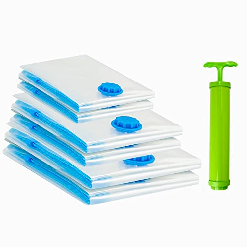 6 PCS Vacuum Storage Bags, (2Jumbo + 2Medium + 2 Small) With Hand Pump, Compression Storage Bags, Reusable Compressed, for Duvets, Bedding, Clothes, Suitcases