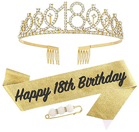 Schärpe und Tiara zum 16. Geburtstag für Mädchen, goldfarbenes Kronen-Kostüm-Set zum 16. Geburtstag, Strass-Geburtstagskrone und Schultergurt für sie 16. Geburtstag, Dekoration, Partyzubehör