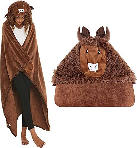 XRDSHY Kuscheldecke Decke mit Ärmeln,Kuscheldecke Flauschig Geschenk für Frauen Tragbare Decke Sofadecke,Wohndecke, 152 x 132 cm Erwachsene weich warm als TV Decke mit Hut und Handschuhen,Brown Yak