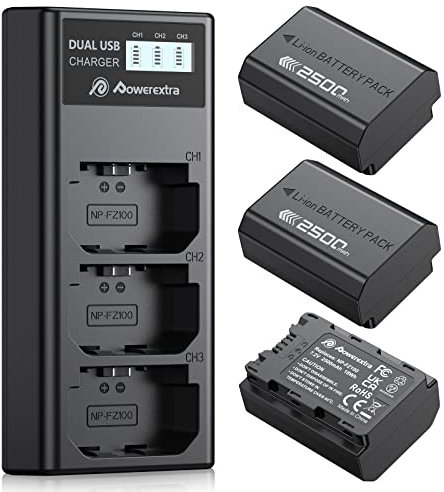 Powerextra 3 Pack NP-FZ100 Battery 2500 mAh and Triple Slot LCD Charger,Compatible with Sony a7iii A7iv FX3,FX30,A6600,A7S III,A7,A1,A9,A9R,A9S,A9 II,A7RM3, A7RM4,A7C,A7RIII,A7RIV Digital Cameras