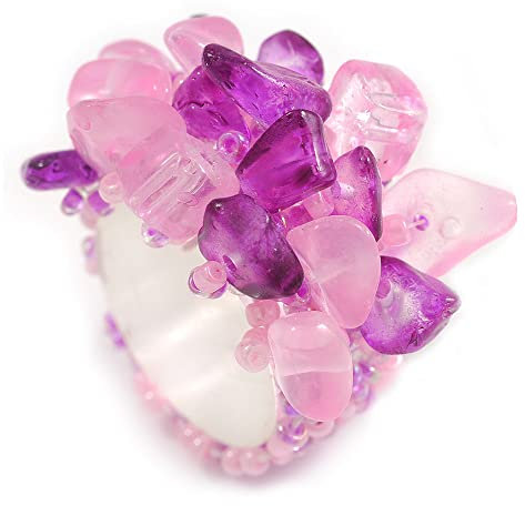 Avalaya Bague flexible en perles de verre et pierres en verre Rose/violet Taille M, taille unique