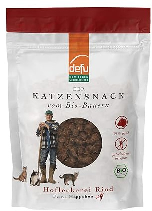 defu Katzensnack | 6 x 80 g | Hofleckerei Feine Häppchen Soft Bio Rind | Premium getreidefrei Bio Snack für Katzen