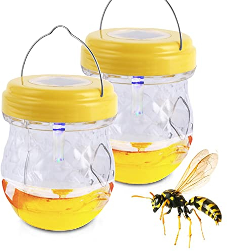 Wespenfalle Mit Solar UV Licht Für Draussen, Wespenfallen Zum Aufhängen Für Draußen, Wespenfalle Flasche Lebend, Insektenfalle Bienenfalle Außen, Für Füllung Wespen Abwehr Lockstoff Flüssig (2* Gelb)