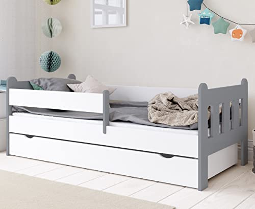 Kids Collective Kinderbett 80x160 | 80x180 | 90x200 cm mit Schublade, Rausfallschutz & Lattenrost in weiß-grau 90x200 cm Mädchen Jungen Bett | von 4. bis 18. Lebensjahr