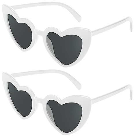Ainiv Herz Sonnenbrille, 2 Stück Herzförmige Party-Sonnenbrille, UV400 Sonnenschutz und UV-Schutz Schwarze Graue Linse, Mode Brillen für Damen Herren Kinder Party Reise Fotoshooting (Weiß)