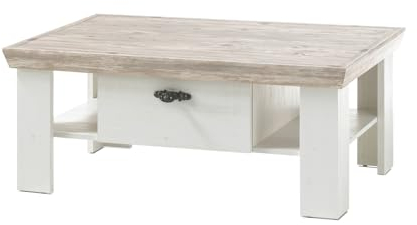 Furn.Design Couchtisch in weiß Pinie und Oslo Pinie Holz im Landhaus Stil Beistelltisch mit Ablage und 2 x Schubkasten Wohnzimmertisch mit Straumraum 109 x 69 cm Rovola (Couchtisch 1)