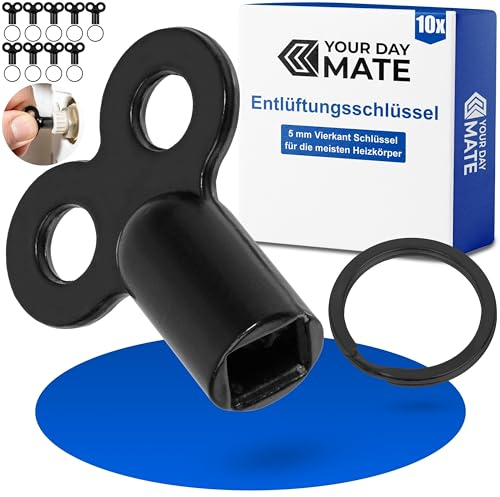 Radiator Bleed Spanner Set, 10 Pack, in Black, with Spanner Ring, Square Spanner for 0.20 Edge Length Radiator valves, Radiator Bleed Spanner, Radiator Bleeder Split Ring kit
