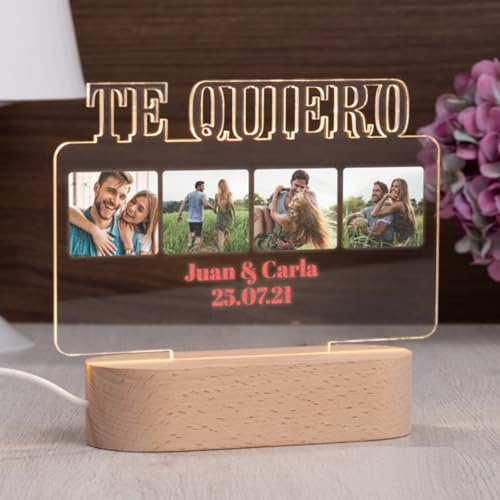 Made in Gift Lámpara de Metacrilato Personalizada Te Quiero con Fotos y Texto para Parejas con Base de Madera con Luz como Regalo Original para San Valentín