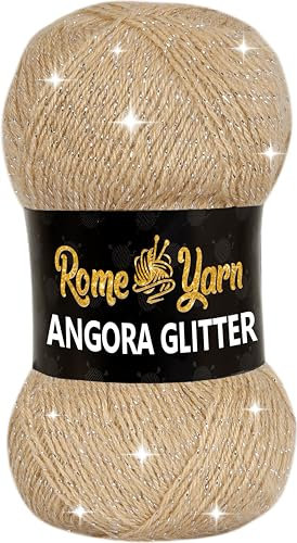Rome Yarn Angora Glitter Garn | #2 Fine, Sport (USA), 4 ply (UK) | Metallic-Wolle | Glitzerndes Garn zum Stricken und Häkeln Simli Wolle (1 Knäuel, 837 Beige)