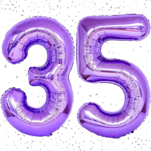 40 Inch 35 Number Purple Balloons, Self Inflating, Large Foil Mylar Helium Digit Balloons for Birthday Party Anniversary Supplies Decorations