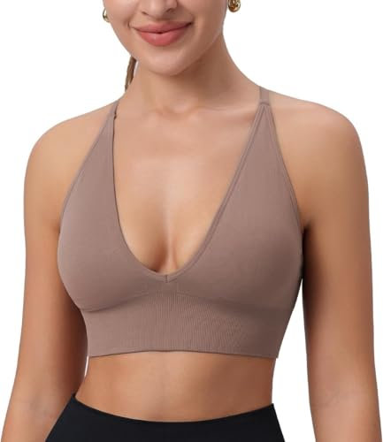ThiCc Reggiseno Sportivo Da Donna Con Scollo A V Profondo - Coppe Imbottite Incrociate E Spalline Sottili Regolabili Per Allenamento Yoga Fitness Crop Top (M,Marrone)