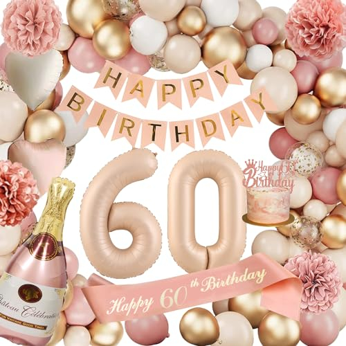 Deko 60. Geburtstag Frauen - Luftballon, Retro Rosa Ballon Girlande, Champagner Ballon, Seidenpapier Pompons für Frau Party Dekoration