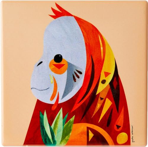 Bunte farbenfrohe Untersetzer mit Kork, Designer Pete Cromer, Tier-Motiv, als Keramik-Untersetzer für Kaffe & Tee Tassen, Gläser oder Heißgetränke, 9,5 cm lang (Orangutan (orange-rot))